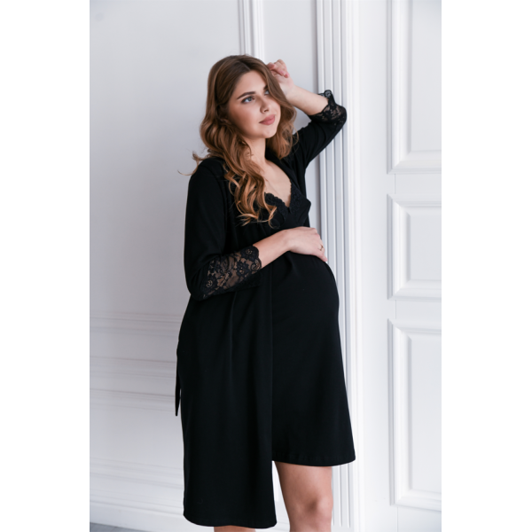 Комплект халат і сорочка для вагітних та мамусь Soft&Lace, розмір S (44), чорний - Фото 1 Комплект халат і сорочка для вагітних та мамусь Soft&Lace, розмір S (44), чорний - зображення 1