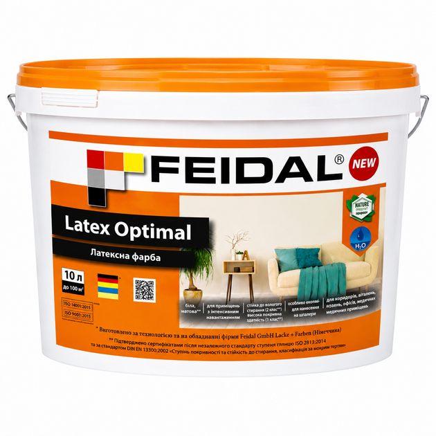 Фарба інтер’єрна латексна Feidal Latex Optimal матова миюча для стін і стелі 10л. - Фото 1 Фарба інтер’єрна латексна Feidal Latex Optimal матова миюча для стін і стелі 10л. - изображение 1