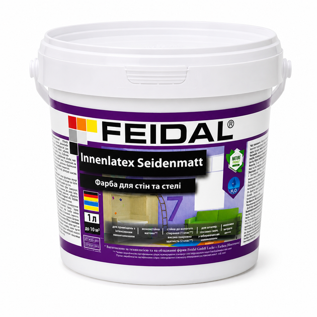 Фарба інтер’єрна латексна Feidal Innenlatex Seidenmatt шовковисто-матова миюча біла для стін і стелі 1л. - Фото 1 Фарба інтер’єрна латексна Feidal Innenlatex Seidenmatt шовковисто-матова миюча біла для стін і стелі 1л. - изображение 1