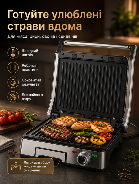 Прижимной электрический гриль RAF для мяса и овощей без лишнего жира с ребристой антипригарной пластиной 2200 Вт 5 режимов - изображение 2