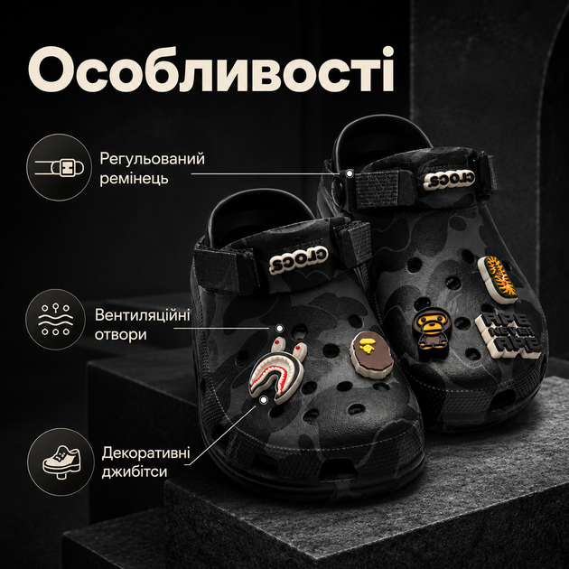 Крокси Crocs Bape чорні унісекс 37-38 на стопу 23 см гумові сабо з ремінцем, вентиляційними отворами та джибітсами - зображення 3
