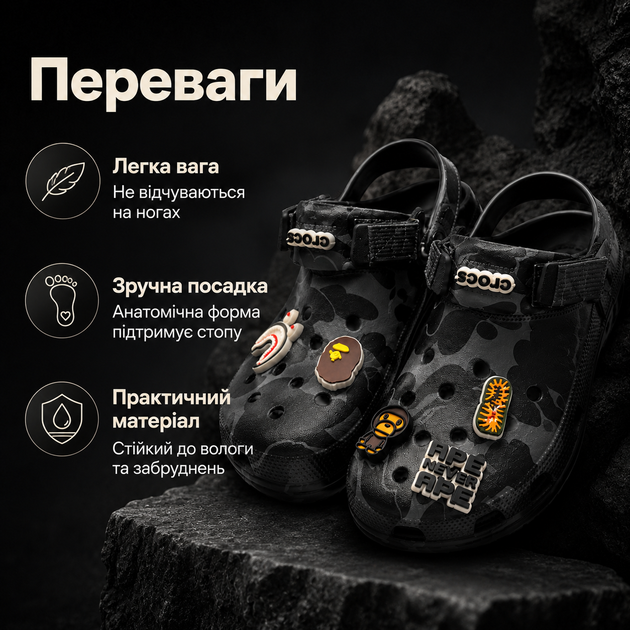 Крокси Crocs Bape чорні унісекс 37-38 на стопу 23 см гумові сабо з ремінцем, вентиляційними отворами та джибітсами - зображення 2