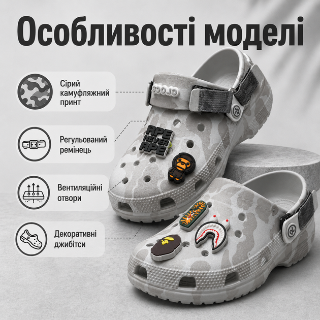 Крокси Crocs Bape сірі унісекс 38-39 на стопу 24 см гумові сабо з ремінцем, вентиляційними отворами та джибітсами - зображення 4