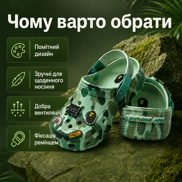 Крокси Crocs Bape зелені унісекс 38-39 на стопу 24 см гумові сабо з ремінцем, вентиляційними отворами та джибітсами - зображення 2