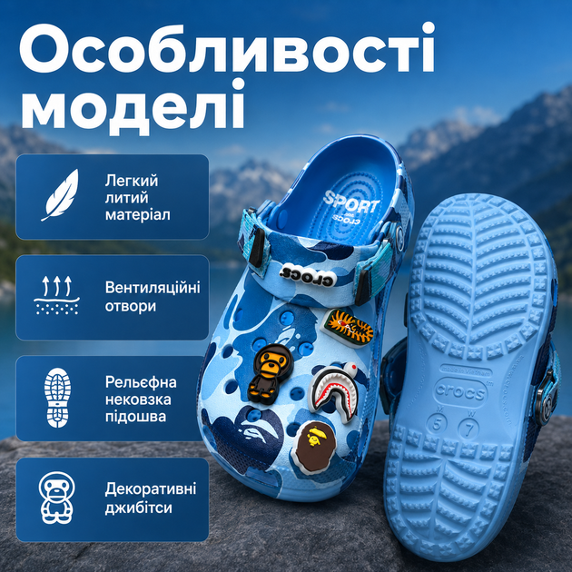 Крокси Crocs Bape сині унісекс 38-39 на стопу 24 см гумові сабо з ремінцем, вентиляційними отворами та джибітсами - зображення 3