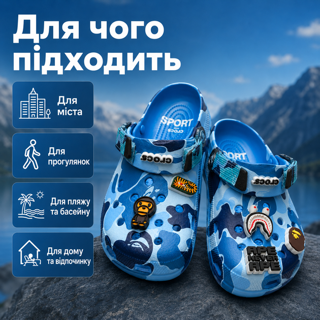 Крокси Crocs Bape сині унісекс 38-39 на стопу 24 см гумові сабо з ремінцем, вентиляційними отворами та джибітсами - зображення 4