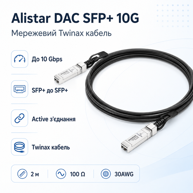 Кабель прямого подключения Alistar DAC SFP+ 10G 30AWG Twinax 2м - изображение 2