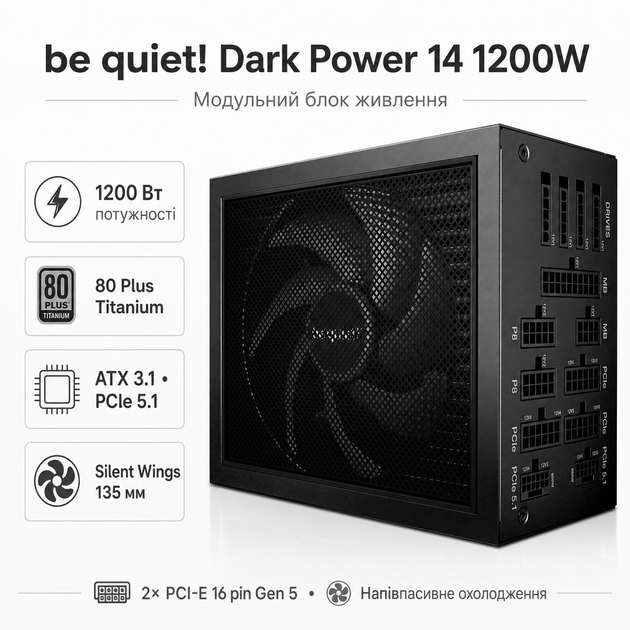 Блок живлення be quiet! Dark Power 14 1200W 80 Plus Titanium вентилятор 135 мм Black (BP021EU) - зображення 2