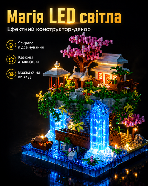 Великий конструктор Китайське містечко з водоспадом 1445 деталей з LED підсвіткою 16х19х20 см літаючий сад із сакурою будиночком мостом декоративний світильник розвивальний набір для дітей і дорослих подарунок та декор інтер'єру на стіл і полицю - Фото 3 Великий конструктор Китайське містечко з водоспадом 1445 деталей з LED підсвіткою 16х19х20 см літаючий сад із сакурою будиночком мостом декоративний світильник розвивальний набір для дітей і дорослих подарунок та декор інтер'єру на стіл і полицю - зображення 3