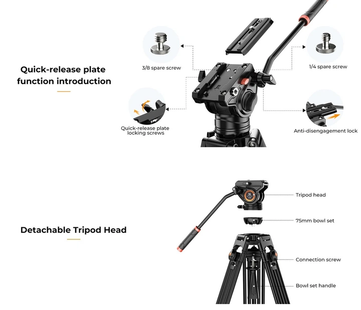 Профессиональный видеоштатив трипод с жидкостной головкой K&F Concept VA18+ VH081 184см (KF09.121) - изображение 8