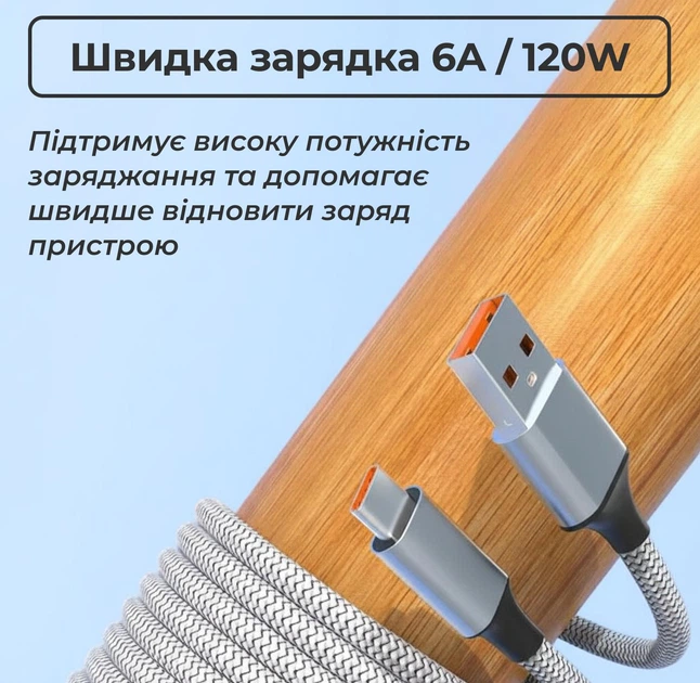 Зарядний кабель тайп сі 120W 6A шнур швидкої зарядки USB Type-C провід для телефона ноутбука макбука смартфона планшета повербанка в машину автомобільний для навушників шнурок дата-кабель передачі даних 2м Univerza Сірий 10_1_2m_1B - Фото 6 Зарядний кабель тайп сі 120W 6A шнур швидкої зарядки USB Type-C провід для телефона ноутбука макбука смартфона планшета повербанка в машину автомобільний для навушників шнурок дата-кабель передачі даних 2м Univerza Сірий 10_1_2m_1B - зображення 6