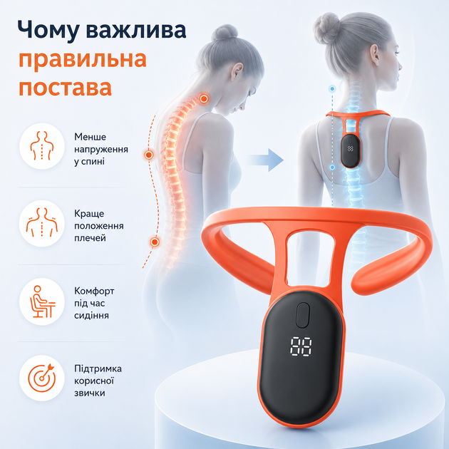 Коректор постави розумний вібраційний Ortop Smart з датчиком від сутулості USB Помаранчевий - зображення 3