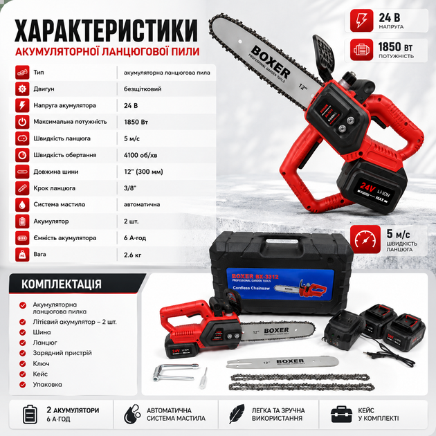 Акумуляторна ланцюгова пила 12" (30 см) 24 В - зображення 5
