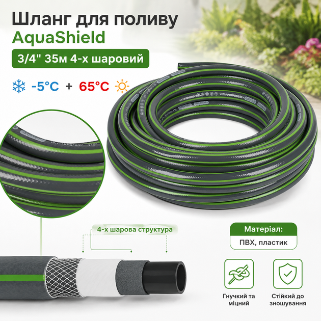 Шланг для полива армированный Divo AquaShield 3/4" 35м 4-х слойный Серый с зеленым (R41841-35) - Фото 3 Шланг для полива армированный Divo AquaShield 3/4" 35м 4-х слойный Серый с зеленым (R41841-35) - изображение 3