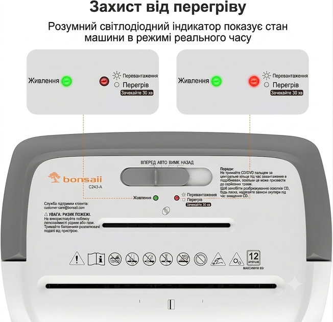 Шредер для бумаги Bonsaii C243-A P-4 — офисный измельчитель до 12 листов A4, CD/карты, корзина 21 л, белый - Уценка - изображение 6