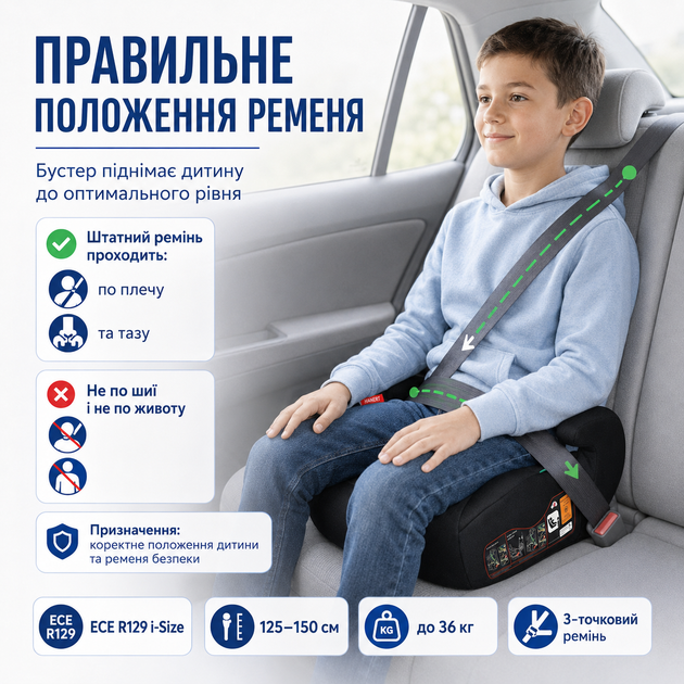 Автокрісло-бустер Hanert Junior i-Size ECE R129 для правильного положення ременя безпеки дитини 125-150 см - зображення 2