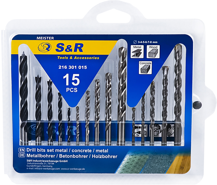 Набір свердел S&R Meister для металу, бетону, дерева 3, 4, 5, 6, 8 мм 15 шт. (216301015) - зображення 1