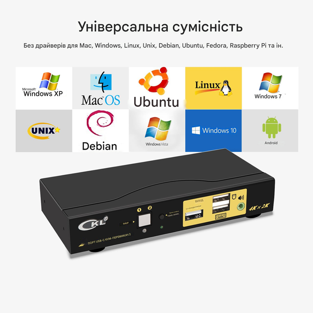 KVM-перемикач CKL з 2 портами USB-C для 2 ноутбуків 4K@60Hz, вхід Type-C, вихід HDMI - изображение 4