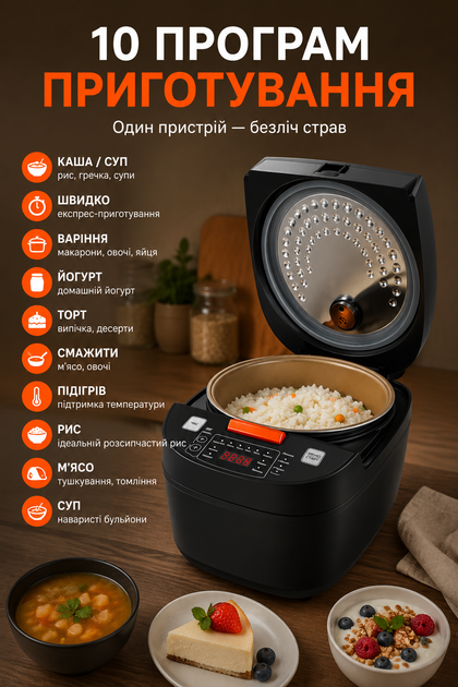 Рисоварка-мультиварка с антипригарной чашей и сенсорным управлением для приготовления до 5 л 900 Вт с 10 программами черная - Фото 2 Рисоварка-мультиварка с антипригарной чашей и сенсорным управлением для приготовления до 5 л 900 Вт с 10 программами черная - изображение 2