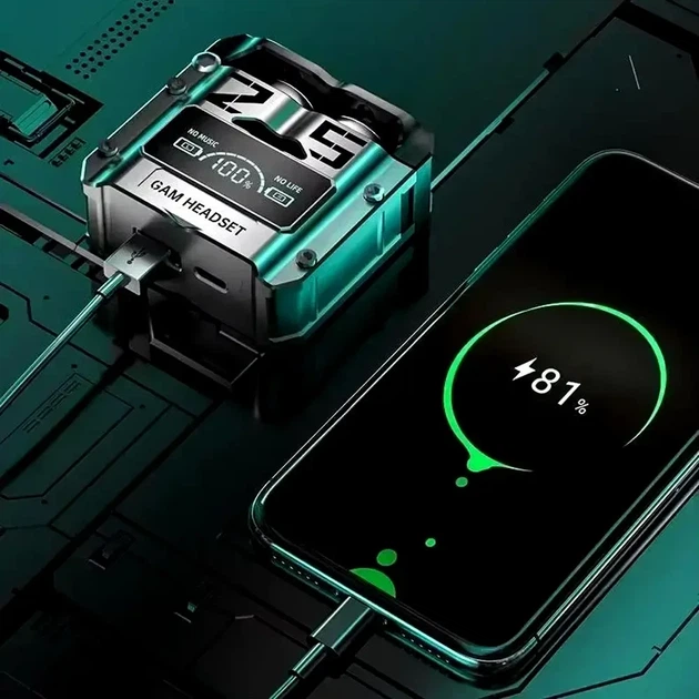 Бездротові навушники Bluetooth з кейсом та вбудованим Power Bank, M25, Чорний / Вакуумні навушники з дисплеєм - изображение 3