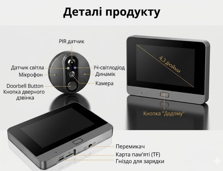 Відео домофон вічко USafe R9 Wi-Fi ip з датчиком руху, 4,3 дюйми Tuya - зображення 3