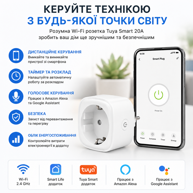Wi-Fi розетка Tuya Smart 20A (4400Вт) с мониторингом энергопотребления и дистанционным управлением - Фото 2 Wi-Fi розетка Tuya Smart 20A (4400Вт) с мониторингом энергопотребления и дистанционным управлением - изображение 2