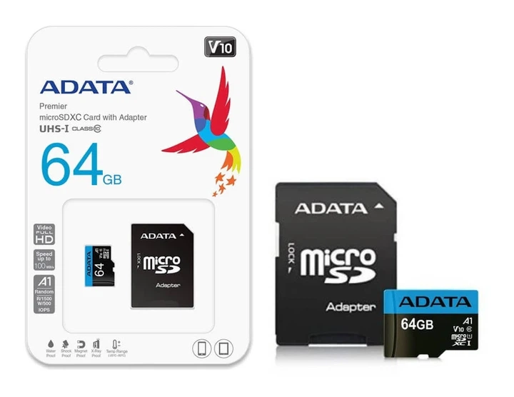 Карта пам'яті microSDXC (UHS-1) A-DATA Premier 64Gb Class 10 A1 (R-100Mb/s) (adapter SD) - Фото 2 Карта пам'яті microSDXC (UHS-1) A-DATA Premier 64Gb Class 10 A1 (R-100Mb/s) (adapter SD) - зображення 2