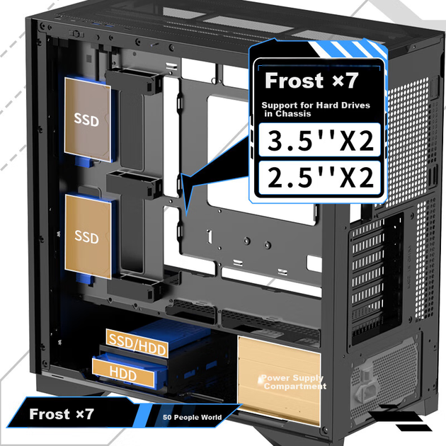 Корпус комп'ютера Great Wall Ice Frost X7 Black (материнська плата з кріпленням на задній панелі, магнітна металева панель, товщина 0,75 мм, легке розбирання з чотирьох боків, підтримка водяного охолодження 360 мм, 9 позицій для вентиляторів, 5090) - изображение 8