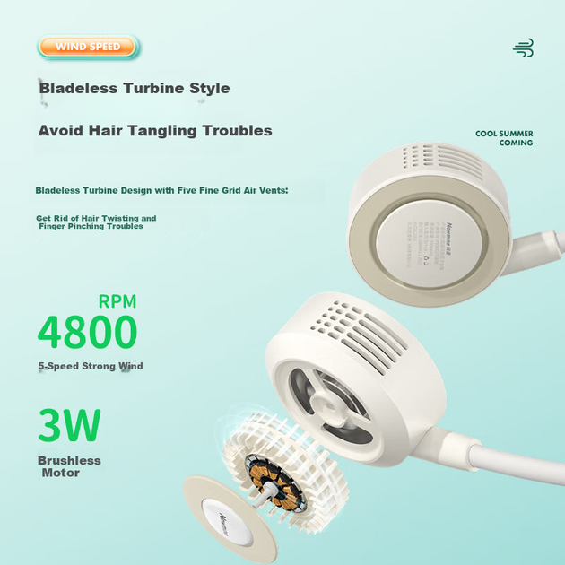 Вентилятор Newmine на шию, Bluetooth-колонка [Дитячий туристичний], безлопатевий вентилятор, портативний програвач для історій, охолодження з тривалим часом автономної роботи, тихий підвісний USB-вентилятор, студентський, білий - изображение 5
