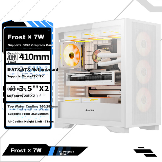 Корпус комп'ютера Great Wall Ice Frost X7W White (материнська плата з кріпленням на задній панелі, магнітна залізна панель, товщина 0,75 мм, легке розбирання з чотирьох боків, підтримка водяного охолодження 360 мм, 9 позицій для вентиляторів, 5090) - изображение 4