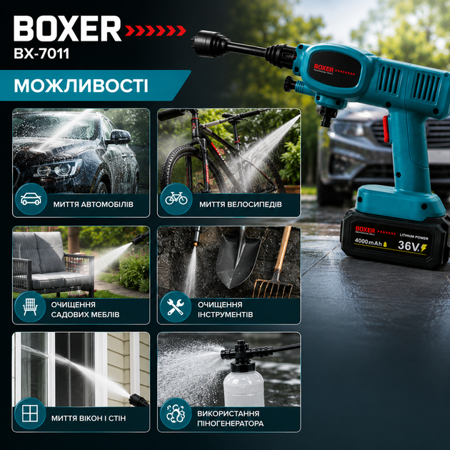 Аккумуляторная мойка высокого давления BOXER BX-7011 - Фото 7 Аккумуляторная мойка высокого давления BOXER BX-7011 - изображение 7