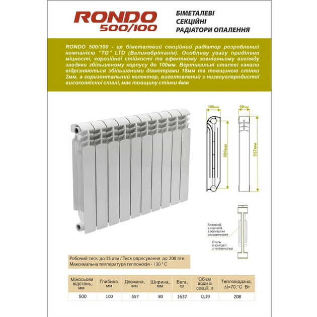 Биметаллический радиатор Rondo 500/100 боковое подключение, белый (10 секций в сборе) (RND500) - изображение 3