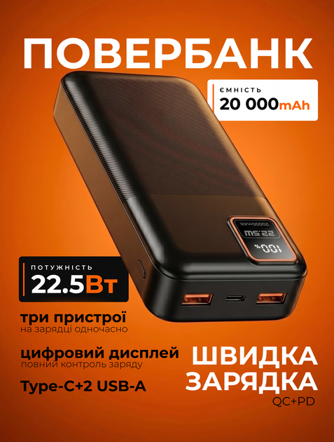 Повербанк 20000 mAh 22.5W зі швидкою зарядкою PD/QC Remzona Extrinity 20X для телефона apple айфона samsung універсальний повер банк 20 000 потужний портативний пауербанк для iphone самсунг роутера планшета смартфона павербанк чорний з Type-C + кабель - зображення 15