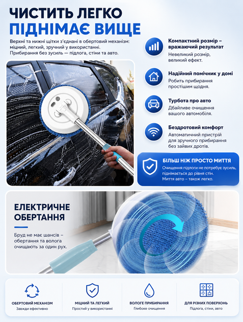 Швабра электрическая аккумуляторная электрошвабра беспроводная для мытья полов с 2 насадками вращающаяся телескопическая ручка 138 см USB зарядка для влажной сухой уборки ламината плитки паркета - изображение 4