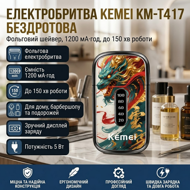Электробритва Kemei KM-T417 беспроводная, 1200 мАч, до 150 мин работы, фольговый шейвер, 5 Вт - Фото 1 Электробритва Kemei KM-T417 беспроводная, 1200 мАч, до 150 мин работы, фольговый шейвер, 5 Вт - изображение 1