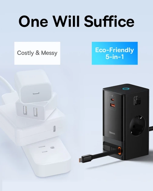 Мережевий зарядний пристрій Baseus PowerCombo Digital PowerStrip 65W (2 AC + 1 USB + Type-C + Кабель Type-C) 1,5м - изображение 6