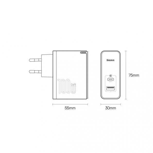 Мережевий зарядний пристрій BASEUS GaN5 Pro Fast Charger 100W 1USB+1Type-C 5A Black - зображення 11