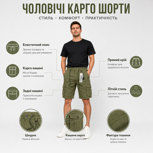 Чоловічі шорти карго Iteno Lionesa літні коттонові на резинці зі шнурком,34, Хакі - Фото 3 Чоловічі шорти карго Iteno Lionesa літні коттонові на резинці зі шнурком,34, Хакі - зображення 3