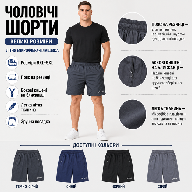 Мужские шорты Fore из микрофибры с карманами на молниях и поясом на резинке,Графит, 6XL - Фото 3 Мужские шорты Fore из микрофибры с карманами на молниях и поясом на резинке,Графит, 6XL - изображение 3