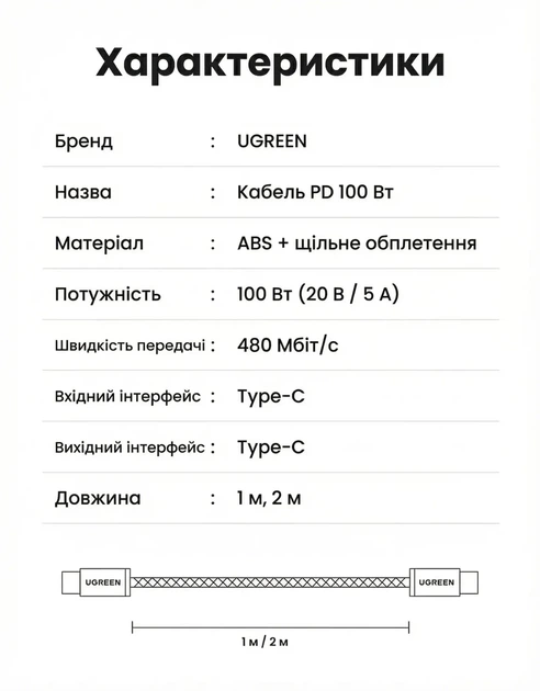 Кабель зарядный Ugreen USB Type-C to Type-C PD 100W 5A QC4.0 2 м Black (L502) - изображение 2