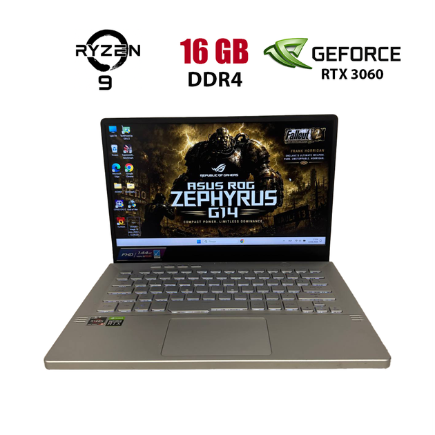 Игровой ноутбук Б-класс Asus ROG Zephyrus G14 GA401QM / 14" (1920x1080) IPS / AMD Ryzen 9 5900HS (8 (16) ядер по 3.0 - 4.6 GHz) / 16 GB DDR4 / 512 GB SSD / nVidia GeForce RTX 3060, 6 GB GDDR6, 192-bit б/у - Фото 1 Игровой ноутбук Б-класс Asus ROG Zephyrus G14 GA401QM / 14" (1920x1080) IPS / AMD Ryzen 9 5900HS (8 (16) ядер по 3.0 - 4.6 GHz) / 16 GB DDR4 / 512 GB SSD / nVidia GeForce RTX 3060, 6 GB GDDR6, 192-bit б/у - изображение 1