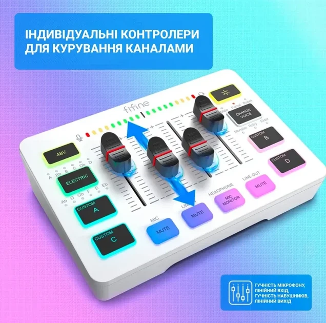 Игровой аудиомикшер Fifine AmpliGame SC3 White для стриминга и подкастов, внешняя звуковая карта с RGB подсветкой - Б/У - изображение 6