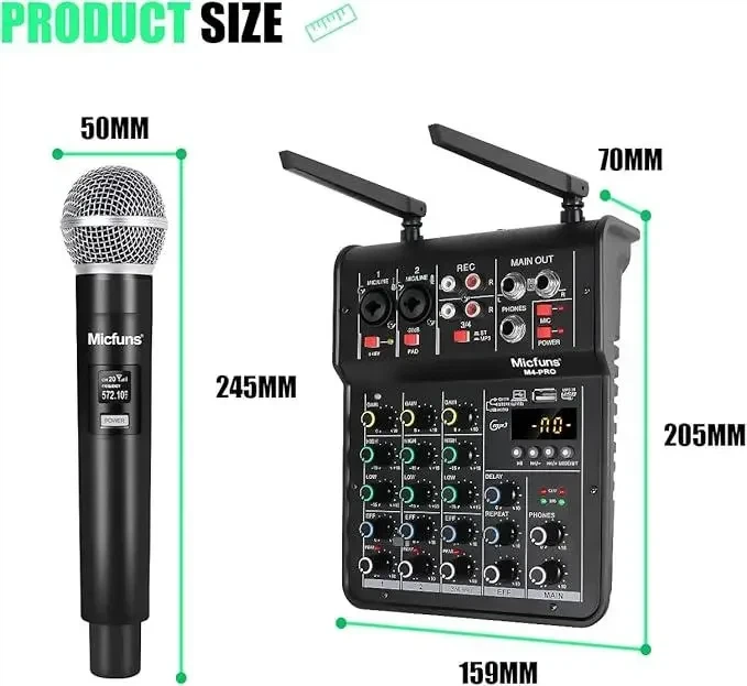 Студийный комплект Micfuns M4-PRO: 4-канальный аудиомикшер + 2 беспроводных микрофона (UHF) - Профессиональная - Б/У - изображение 4