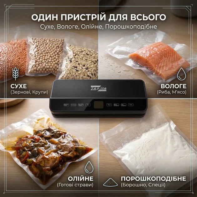 Вакуумний пакувальник 200Вт Zepline ZP-00373 з LED-підсвіткою та рулоном пакетів - изображение 2