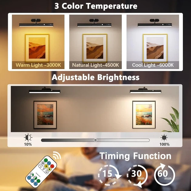 Подсветка для картин и зеркал аккумуляторная Magnetic Picture Light 4000mAh с пультом ДУ (Черная) - Б/У - изображение 5
