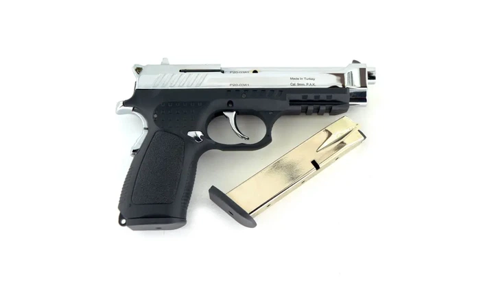 Стартовый пистолет Kuzey F92 shiny chrome, с доп. магазином (Beretta 92) + Патроны - Фото 4 Стартовый пистолет Kuzey F92 shiny chrome, с доп. магазином (Beretta 92) + Патроны - изображение 4