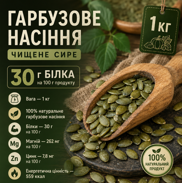 Насіння гарбуза 1000 г чищене сире джерело рослинного білка - Фото 1 Насіння гарбуза 1000 г чищене сире джерело рослинного білка - зображення 1