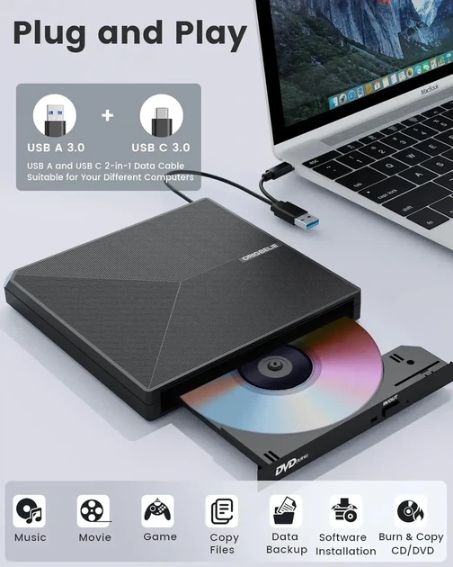 Внешний оптический привод ORIGBELIE BT668 External CD/DVD RW Drive & HDD Device, USB 3.0 Type-C для ноутбука и ПК, - Б/У - изображение 5