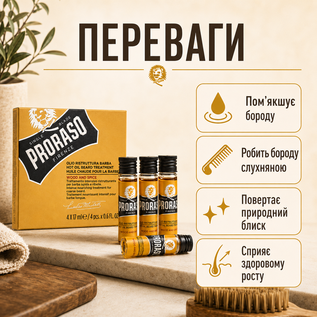 Интенсивный уход за бородой Proraso Hot Oil Beard Treatment Wood & Spice 4х17 мл, горячее масло для смягчения и питания - изображение 2