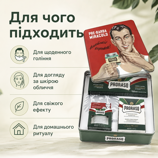 Подарочный набор для бритья Proraso Vintage Selection Gino Refreshing в винтажной металлической коробке с эвкалиптом и ментолом - Фото 4 Подарочный набор для бритья Proraso Vintage Selection Gino Refreshing в винтажной металлической коробке с эвкалиптом и ментолом - изображение 4